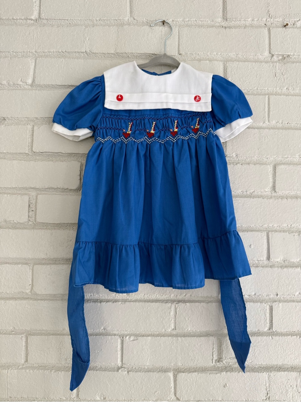 Vintage Smocked Collared A-Line Dress Blue White Sailboats Embroidered Girls 4T